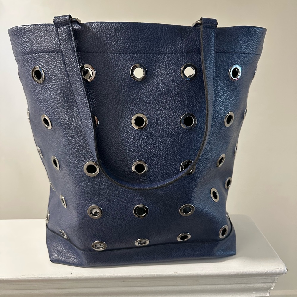 Neiman Marcus Blue Tote with Silver Grommets and Sturdy Design